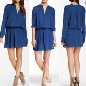 Vince Navy Blue Henley Dress Long Sleeve Drawstring Waist Mini Size XS